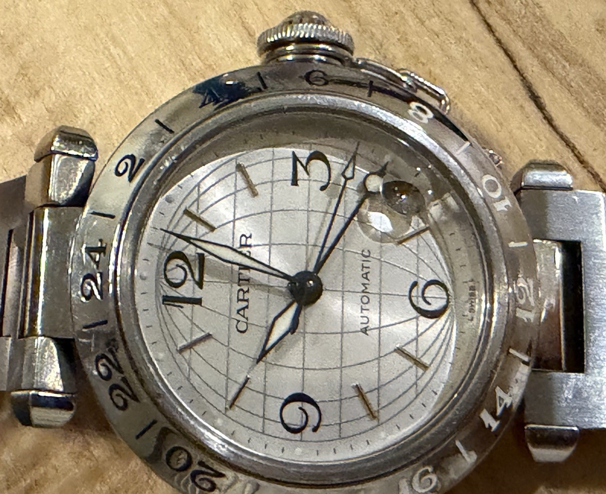 Cartier Pasha 2377 Stainless Steel GMT Bezel Silver Dial Watch