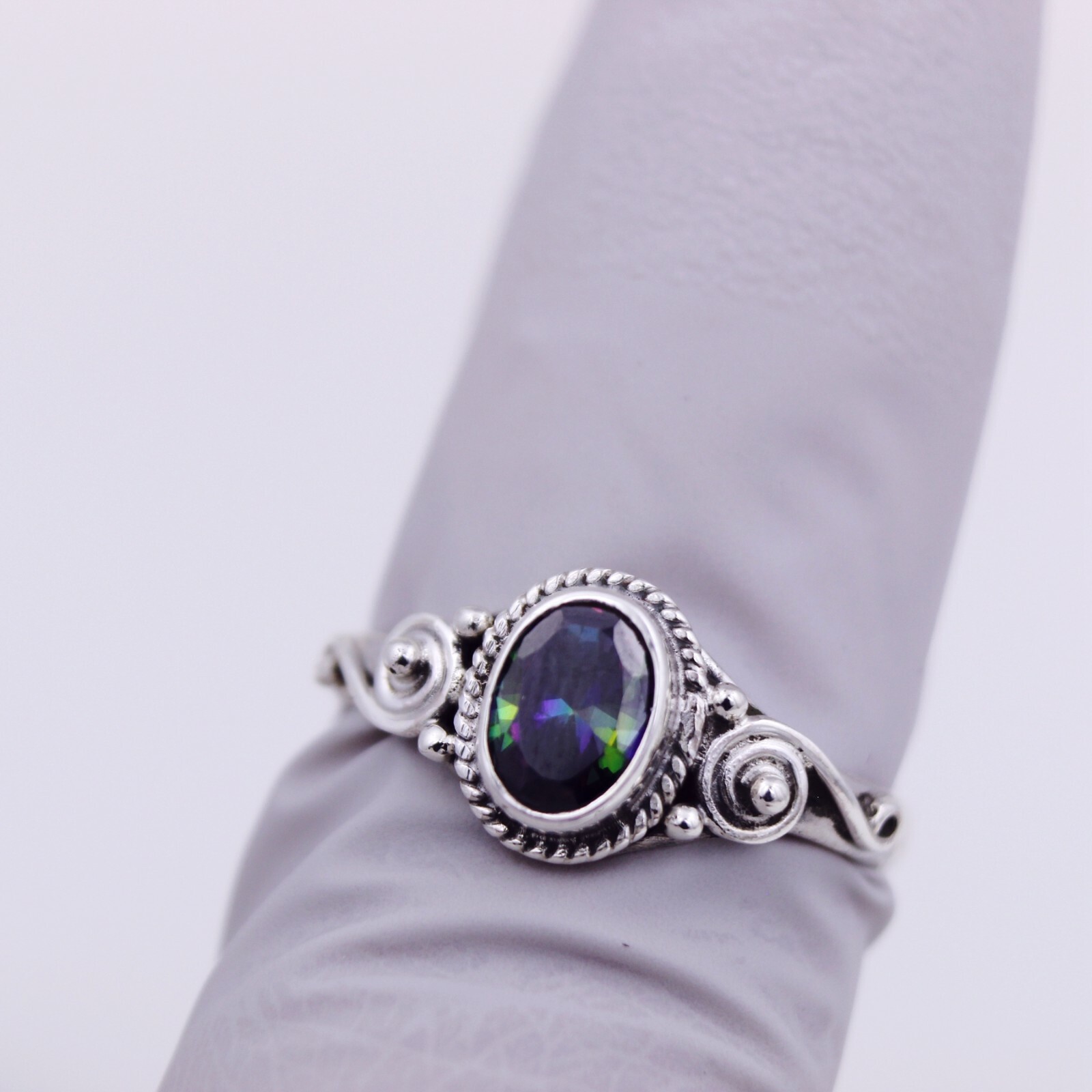 Women Girl sterling silver Nature Rainbow Flame Aura Quartz Crystal Stone Ring 7