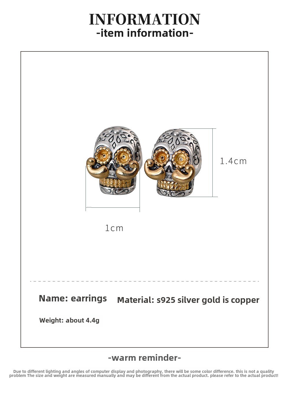 Sterling Silver Sugar Skull Earrings Copper Mustache Studs Day of Dead Jewelry