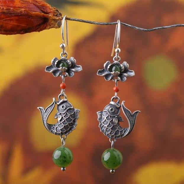 Koi Fish Lotus Earrings Chinese Style Silver-Plated Women’s Earrings