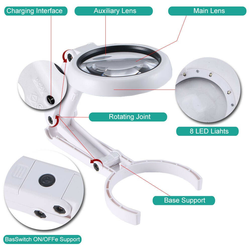 Desktop Foldable 5X 11X Lighted Magnifier 8 LED Hands Free Table Stand