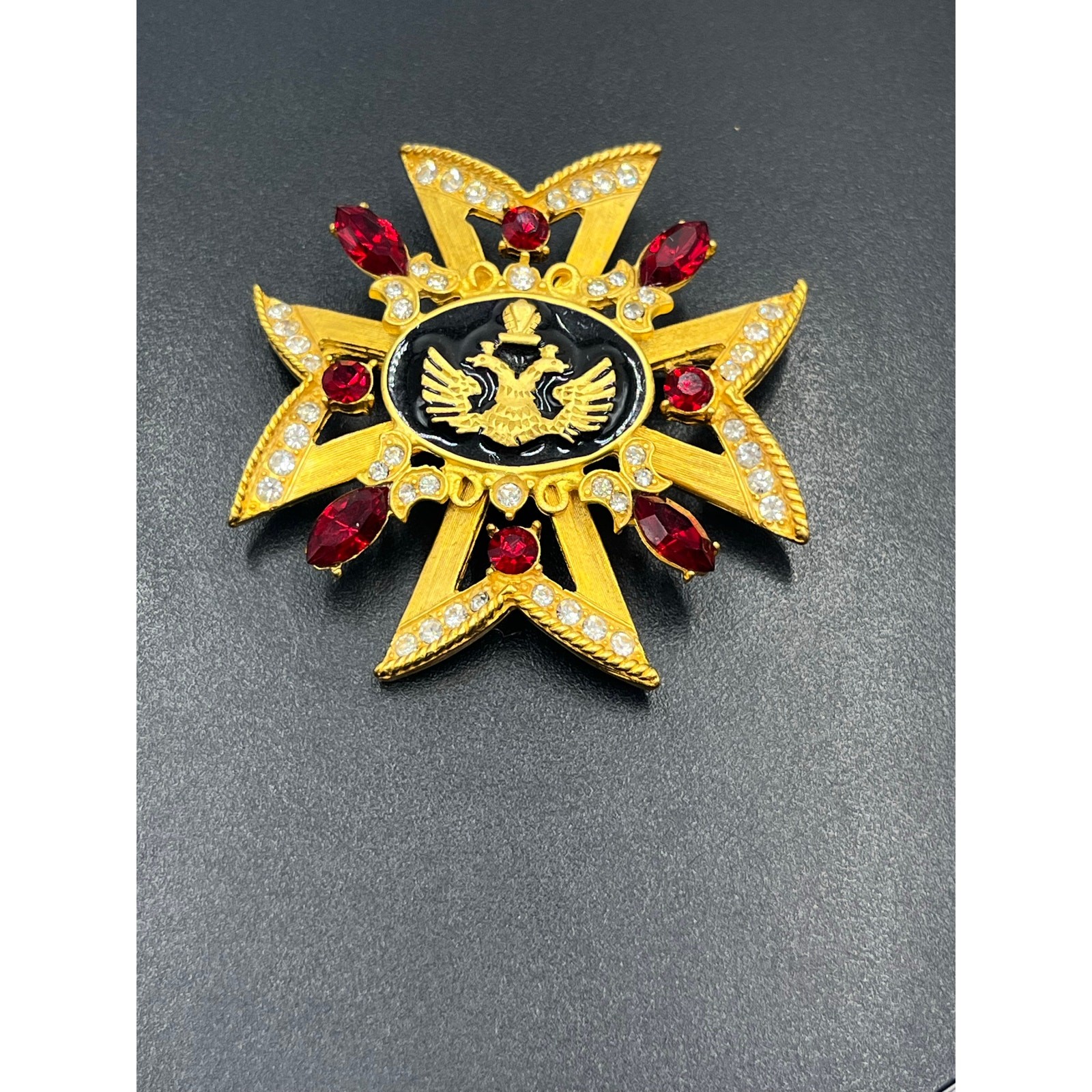 Russian Maltese Cross Red Rhinestone Black Enamel Pearl Crown Eagle Brooch