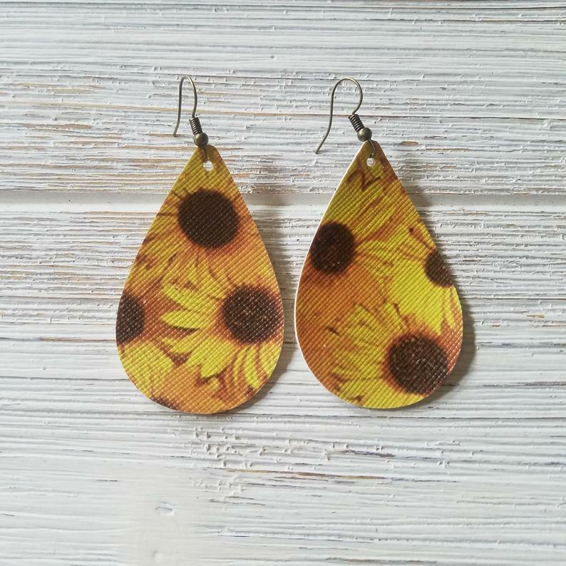 Sunflower faux Leather canvas Teardrop Earrings brown canary yellow gold