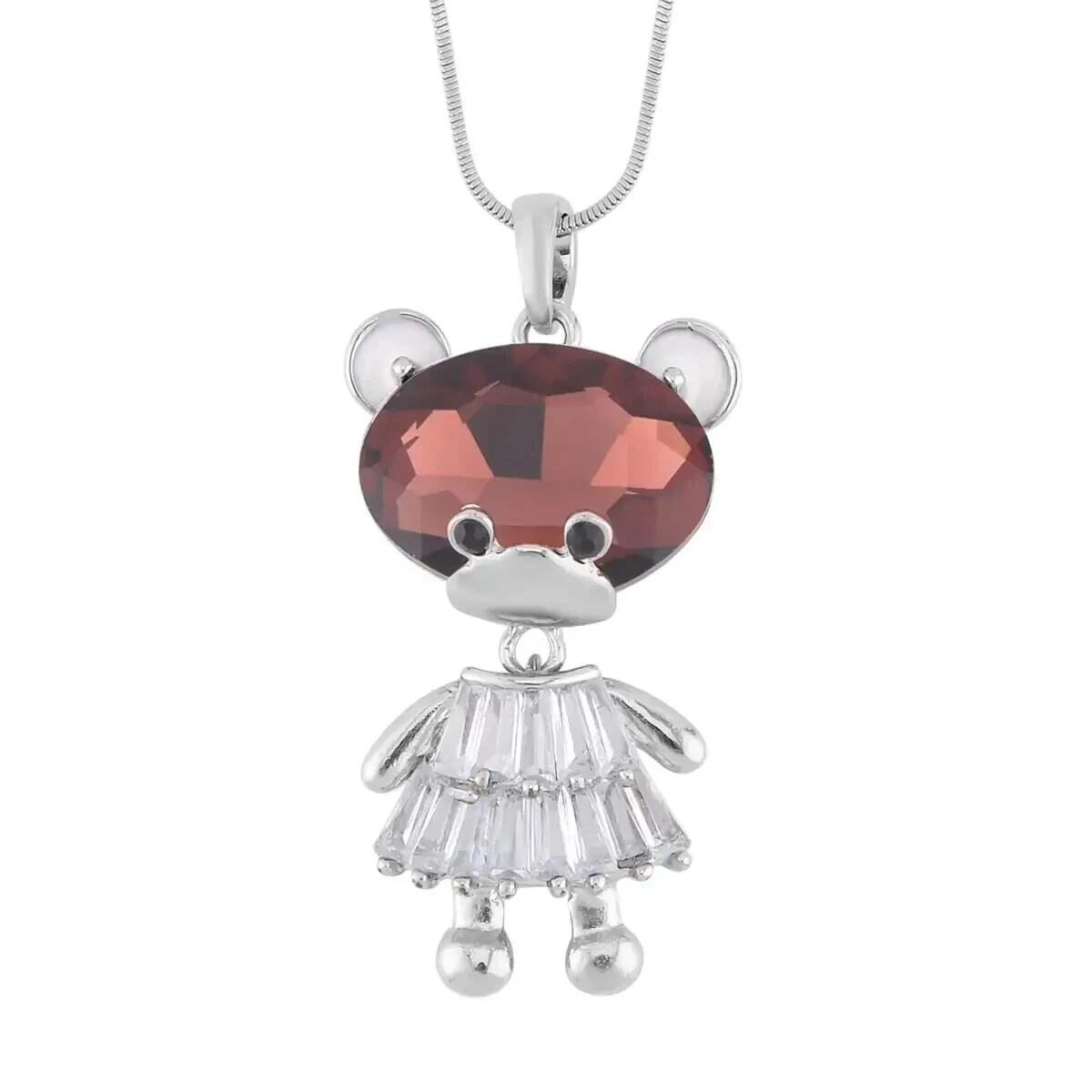 Burgundy Glass, Multi Gemstone Doll Charm Pendant 20″-30″ in Silvertone 7.00 ctw