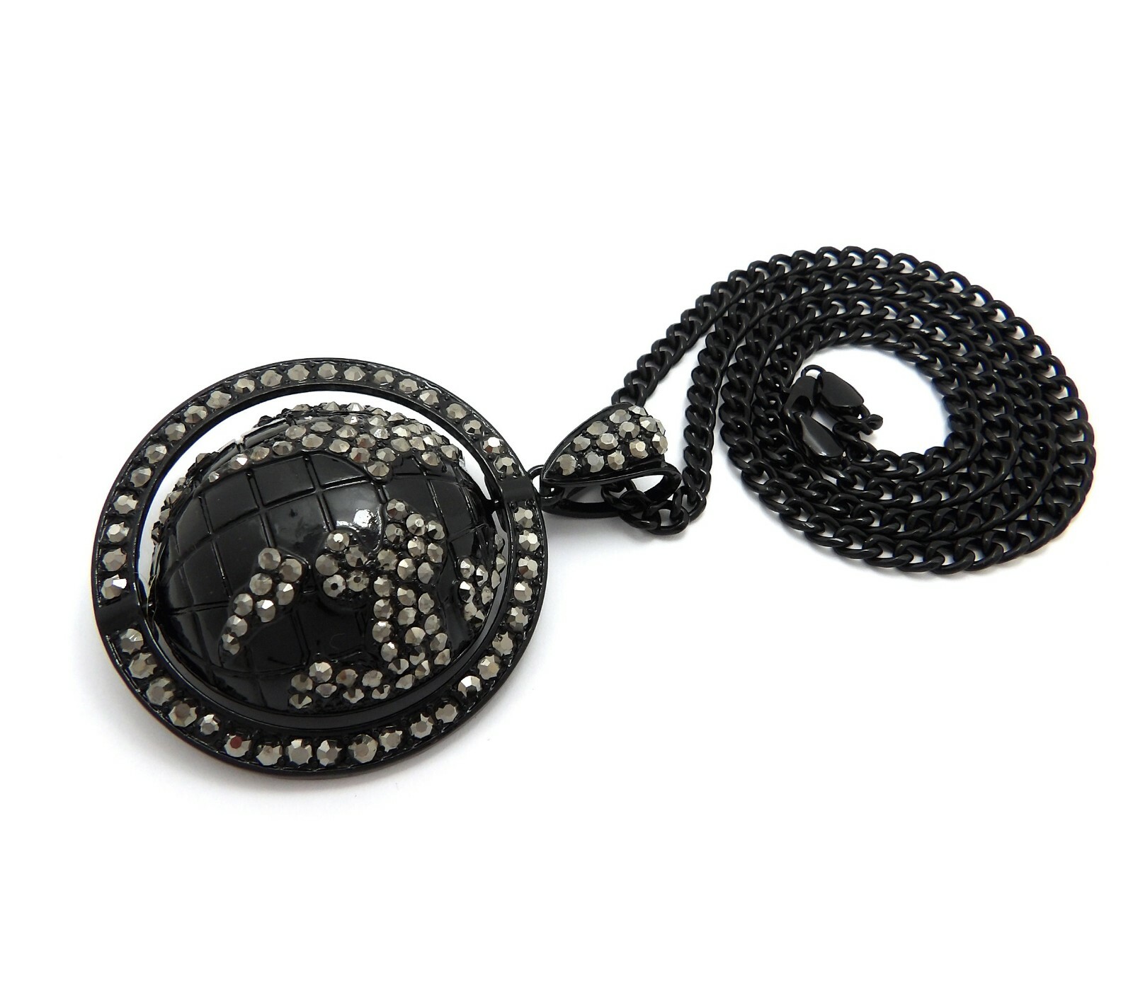 HIP HOP ICED JET BLACK WORLD GLOBE PENDANT & 5mm 24″ CUBAN CHAIN BLING NECKLACE