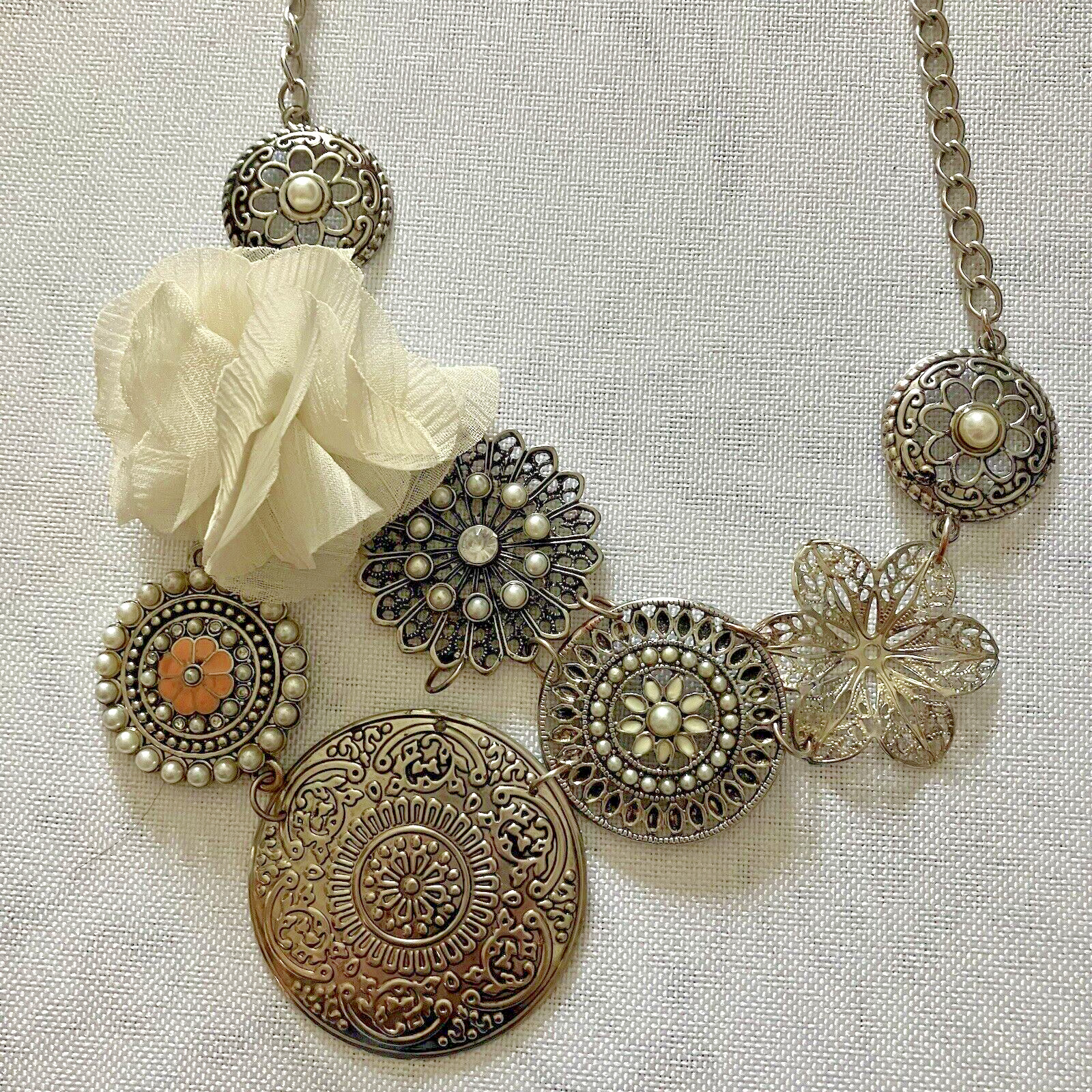 Vintage Costume Necklace Ivory Fabric Flower Silver Colored Pendants Jewelry