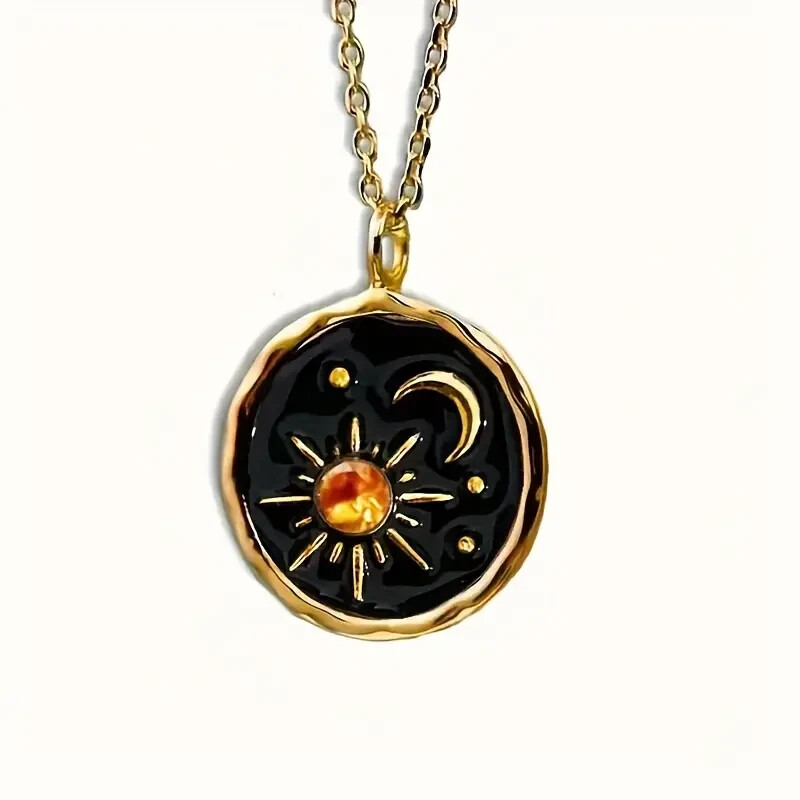 Women Vintage Golden Sun Moon Pattern Round Pendant Necklace Boho Party Gift New