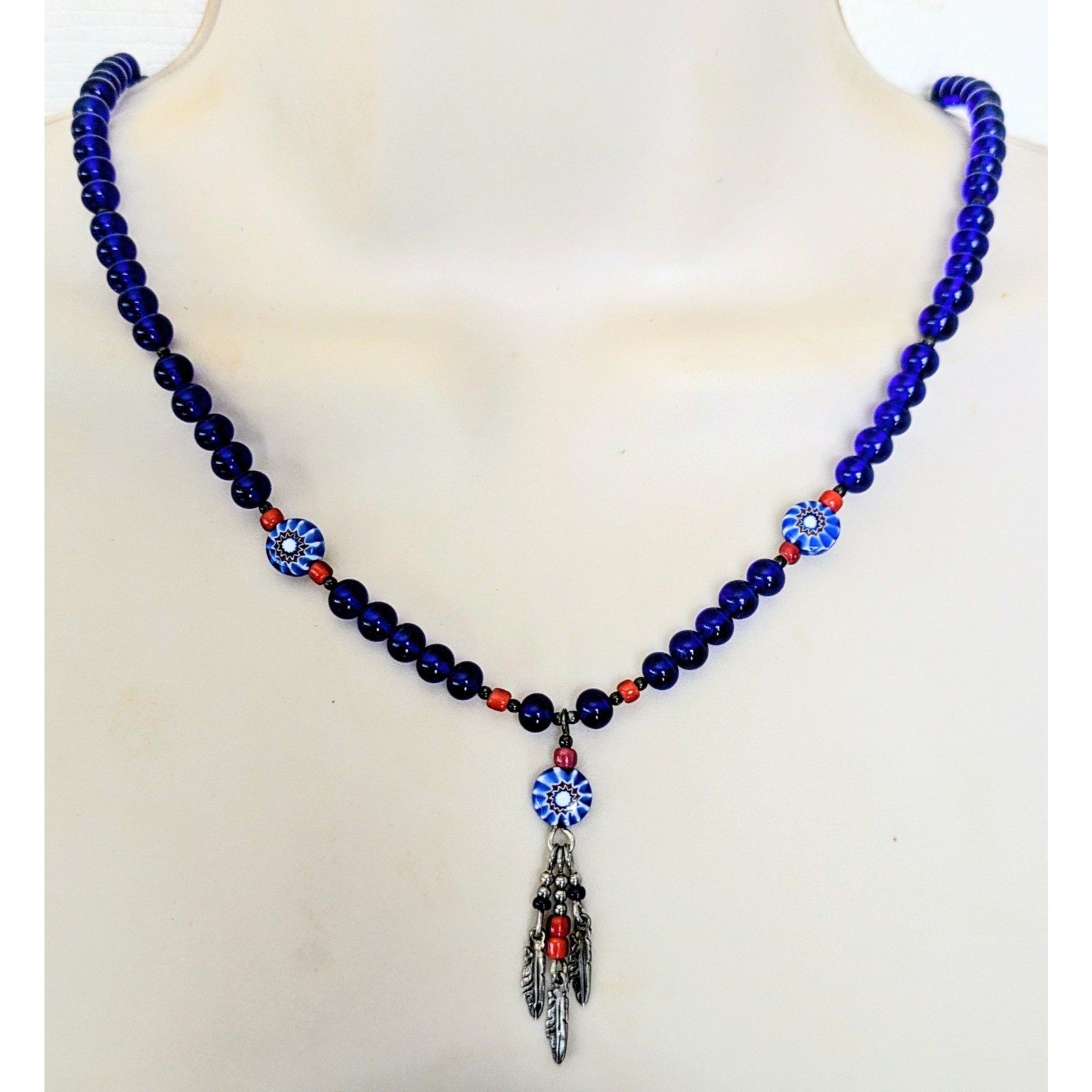 N.A. Style Sterling Silver Cobalt Blue Beaded Feather Pendant Necklace 23.5″
