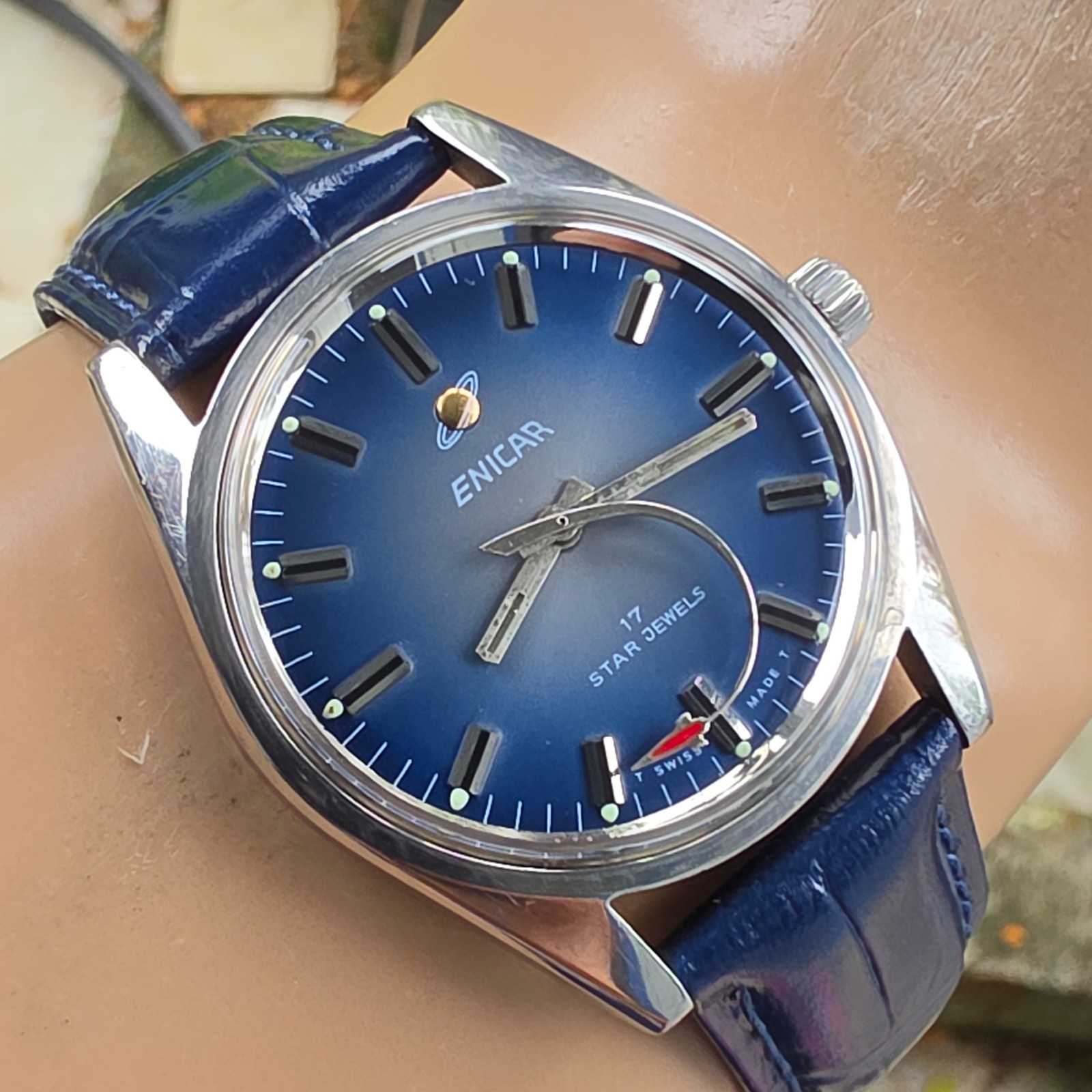 Vintage ENICAR men’s manual wind watch Rocket second hand swiss 1970s