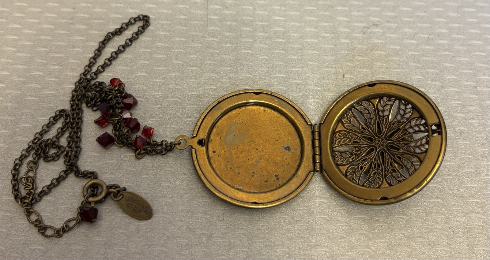 Liz Palacios SF Perfume Locket Necklace Brass Red Jeweled Filigree Scent Pendant