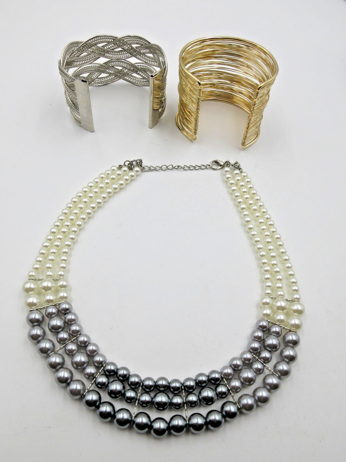 LOT silver gold tone statement cuff BRACELETS Off white gray faux pearl necklace