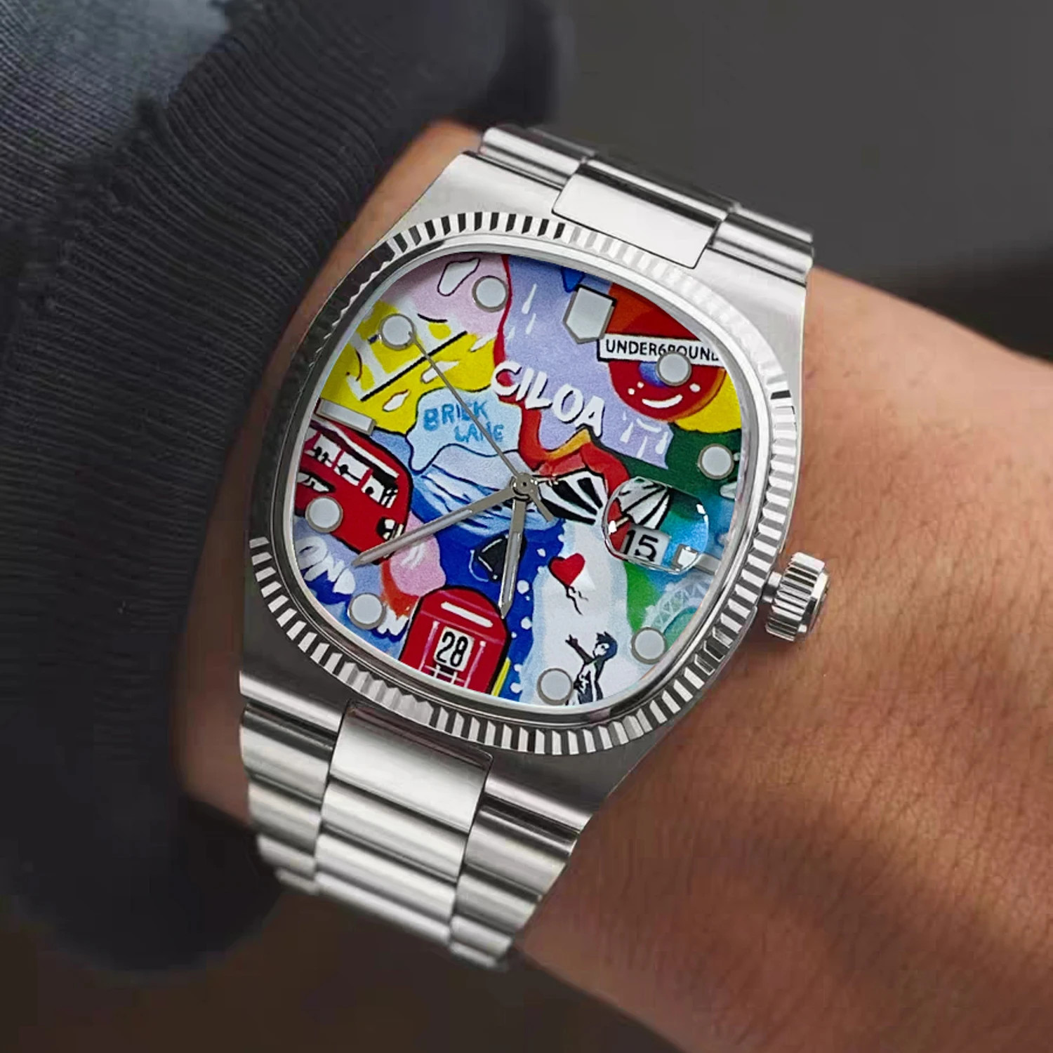 CILOA 518 Men’s Square Art Dial Quartz Watch Steel Calendar 3Bar