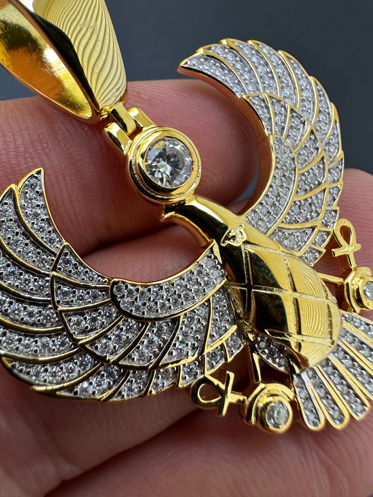 MOISSANITE Horus W. Ankh Pendant Real 925 Silver / Gold Iced Egyptian Necklace