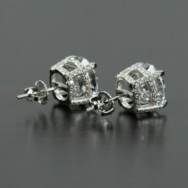 2Ct Round Cut Real Moissanite Men’s Cluster Stud Earrings 14K White Gold Plated