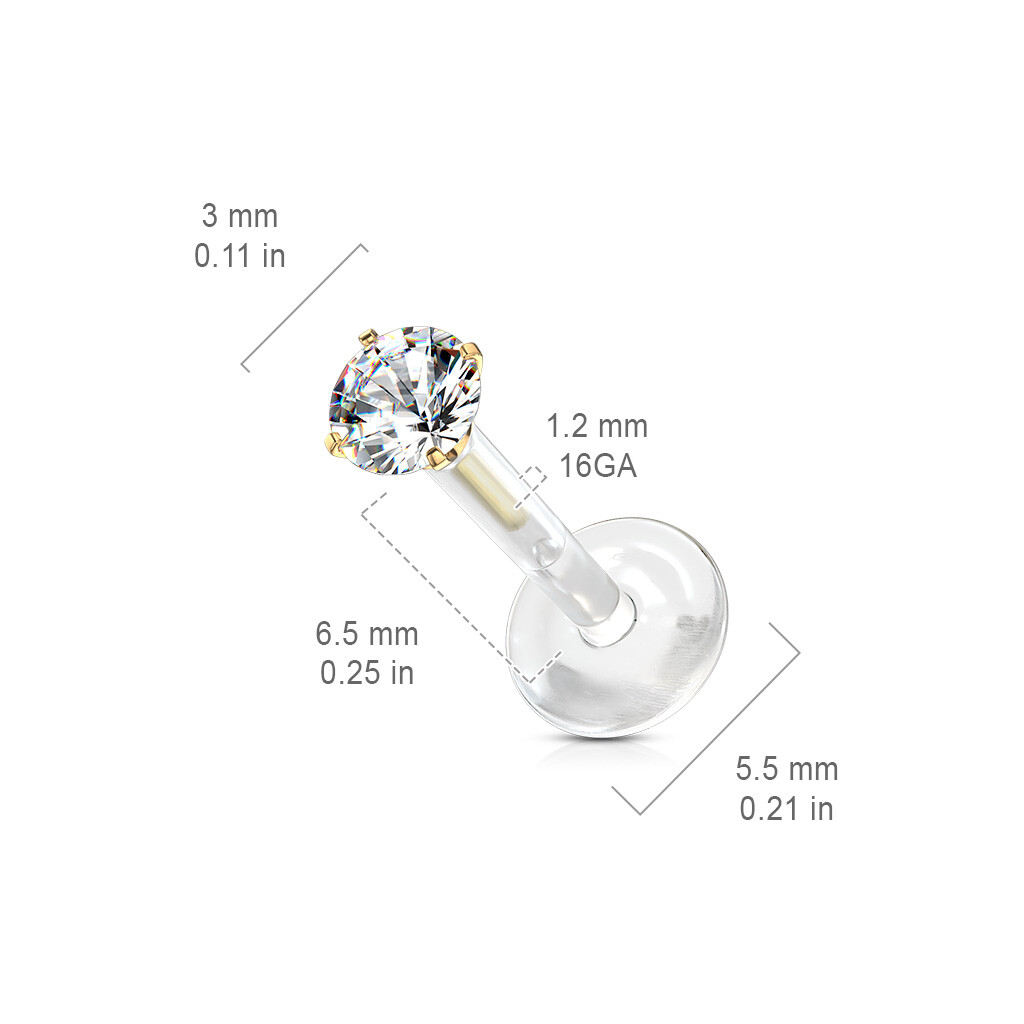 Pair Prong Set Round CZ Bio Flex Push In Ear Cartilage Helix Labret Tragus 16G