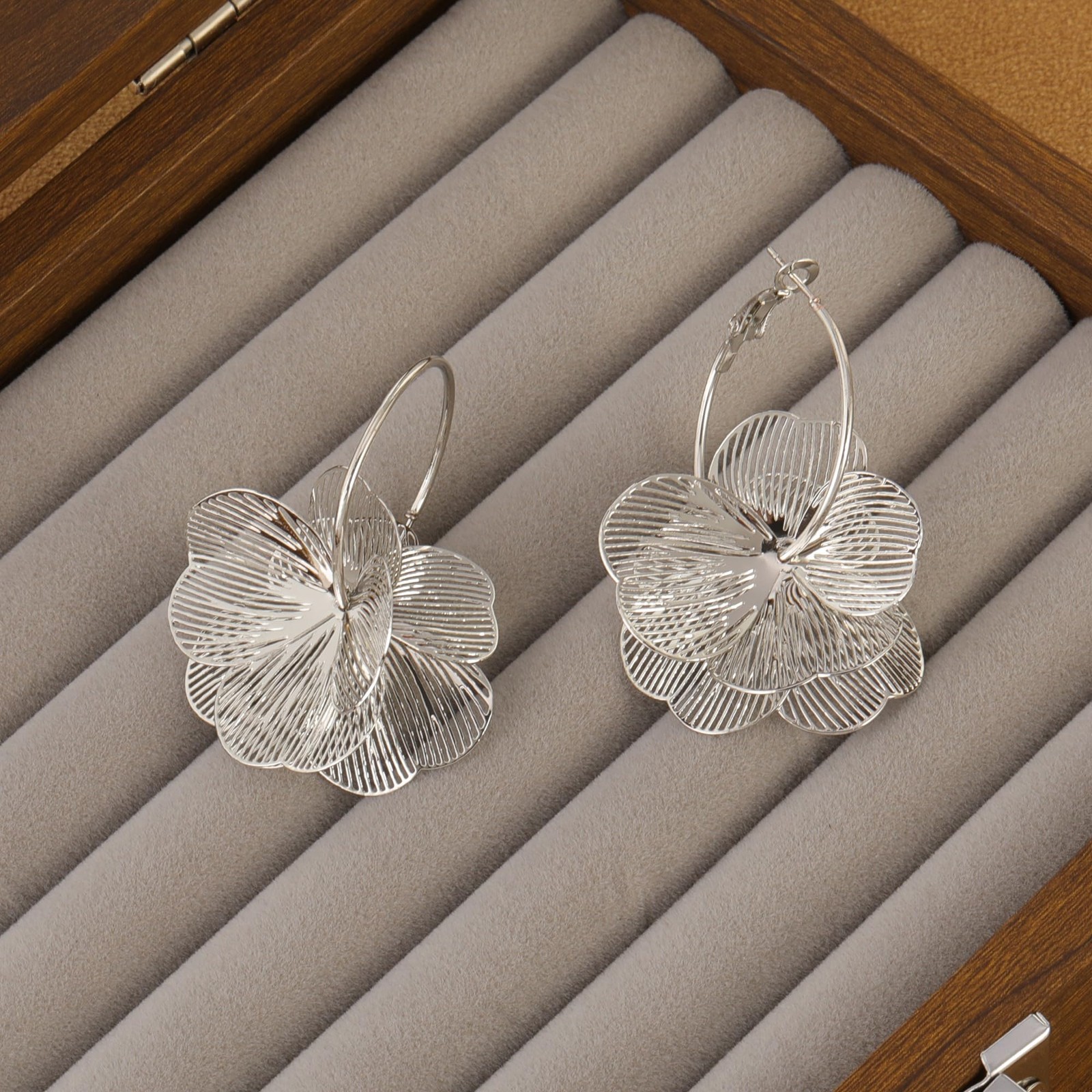 Dangle Flower Earrings for Women Statement Trendy Hoop Moderate, Silver