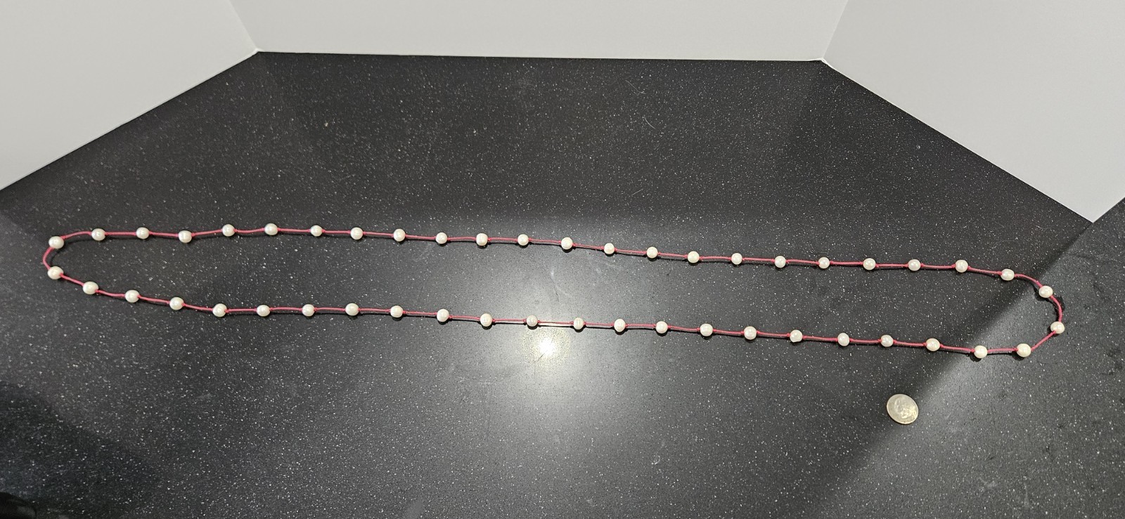 Freshwater Pearl Bead Station Necklace Red Cord Knotted Long Strand No Clasp