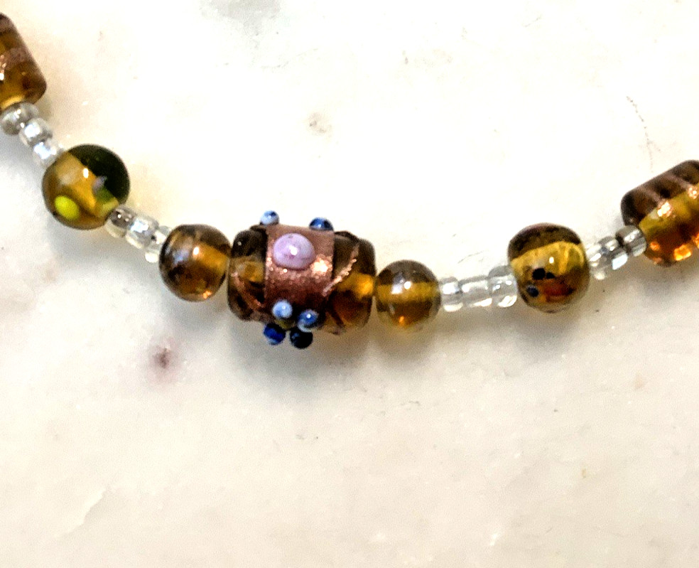 Vintage Wedding Cake Bead Necklace Gold Hand Blown Foil Glass Italy Lampwork