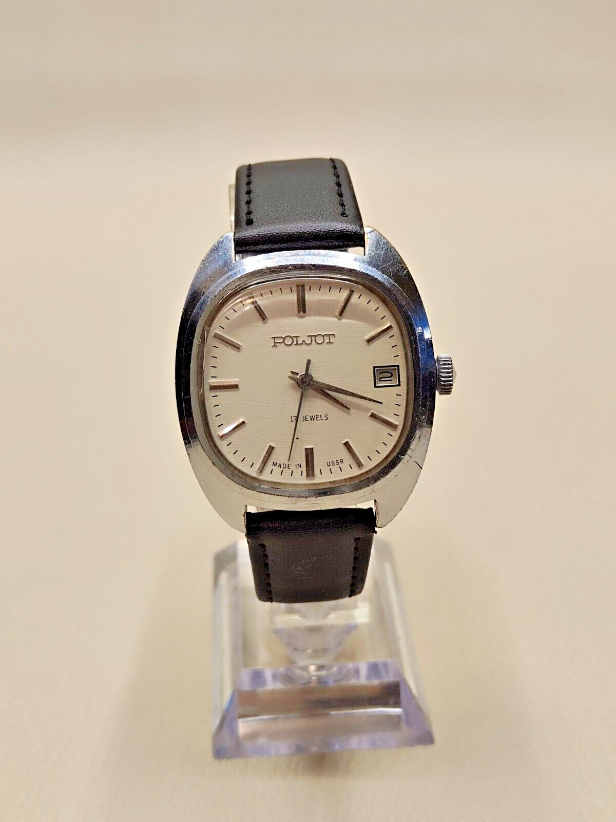Poljot 2614.2H men’s mechanical wristwatch 17 stones white dial date indicator