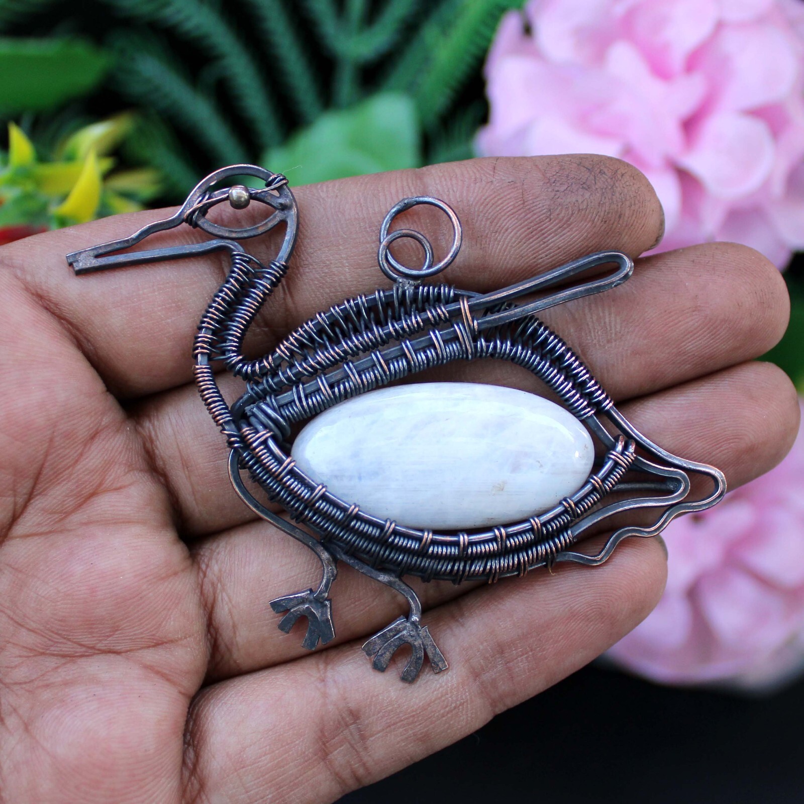 Rainbow Moonstone Jewelry Gift For Sister Copper Wire Wrapped Bird Pendant