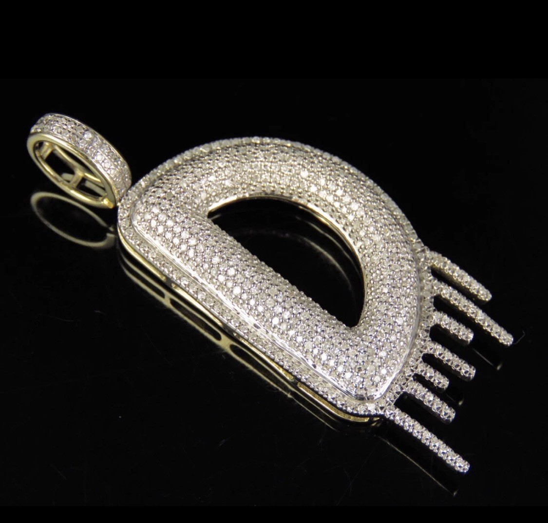 Diamond Letter V Drip Initial Custom Pendant Charm 10K Yellow Gold 1.33 CT 2″
