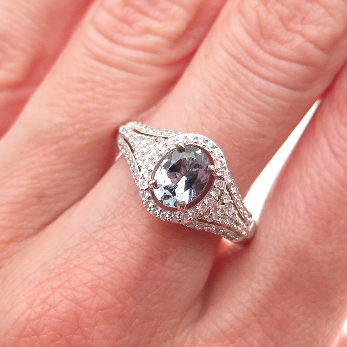 D’Joy 925 Sterling Silver Real Oval-Cut Iolite & White Topaz Ring Size 8