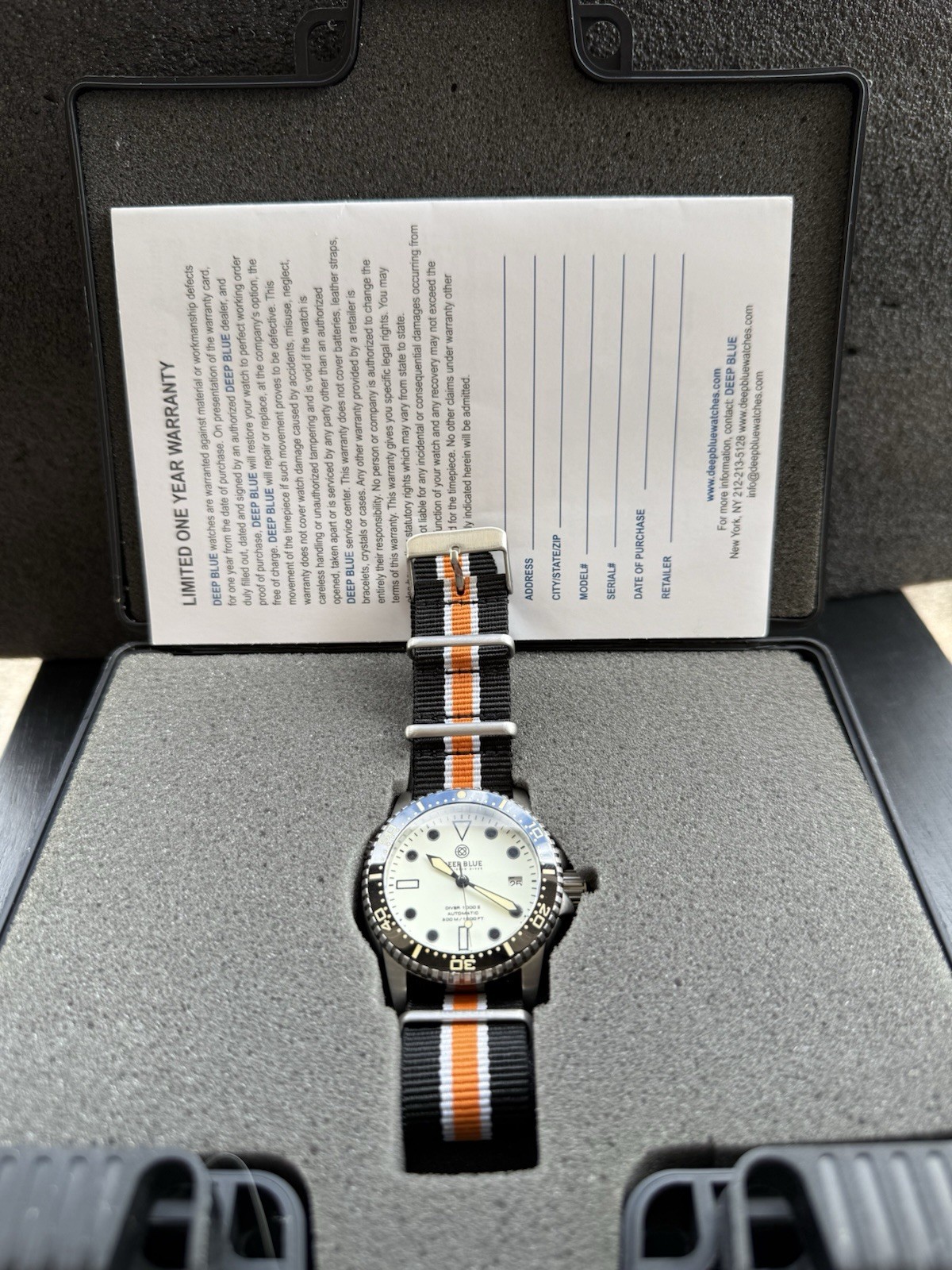 Deep Blue Precision Diver 1000 II 40mm White Full Lume Dial Nato Box Papers