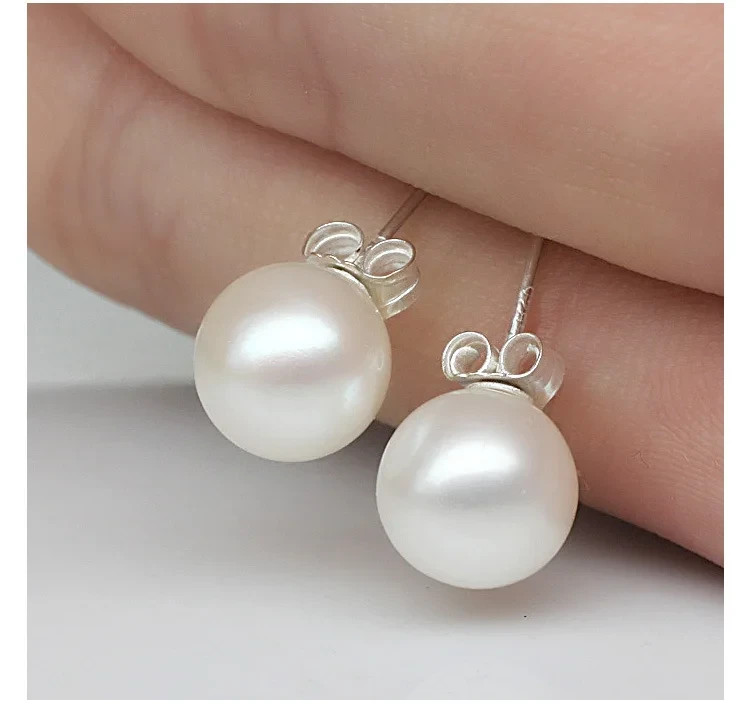 925 Sterling Silver Genuine Freshwater White Pearl Stud Earrings Gift for Women