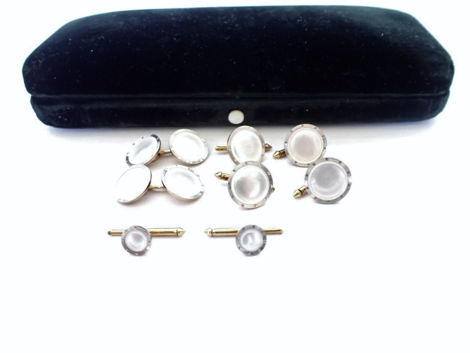 Art Deco Larter & Sons 14K Yellow & White Gold Mother Of Pearl Cufflinks Set Box