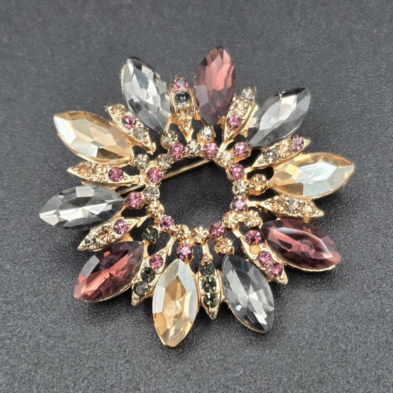 Gold Tone Flower Wreath Brooch Pin Pink Clear Rhinestones Marquise Prong Set