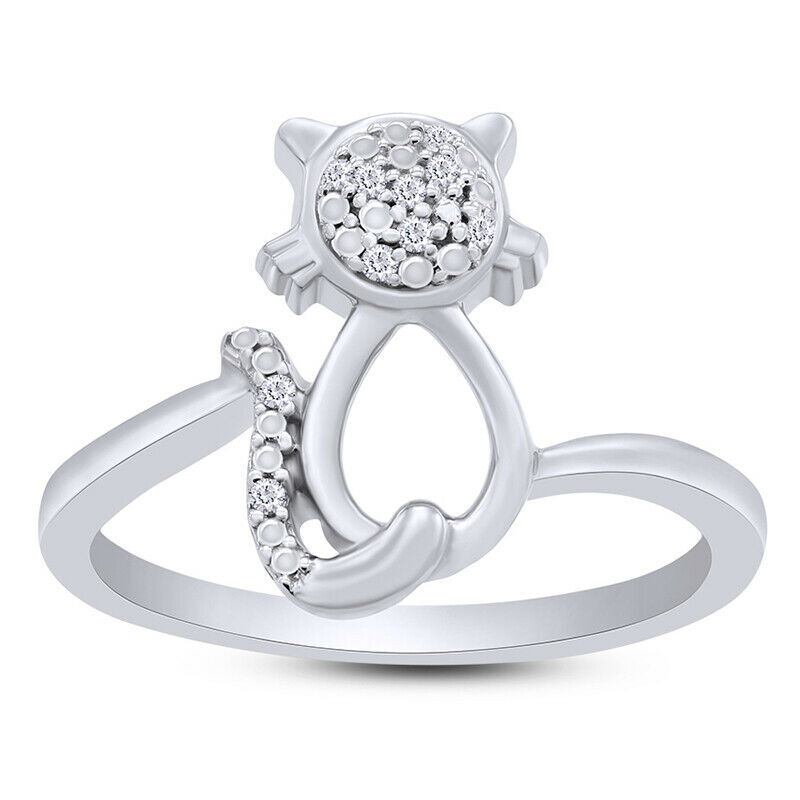 0.05 Ct Natural Diamond Accent Cat Fashion Ring 14k Gold Plated Silver