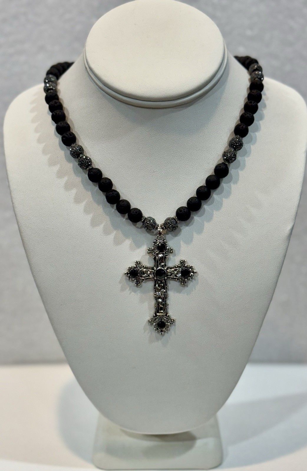 Natural Lava Stone Necklace With Large Cross , 17”+2” Extender