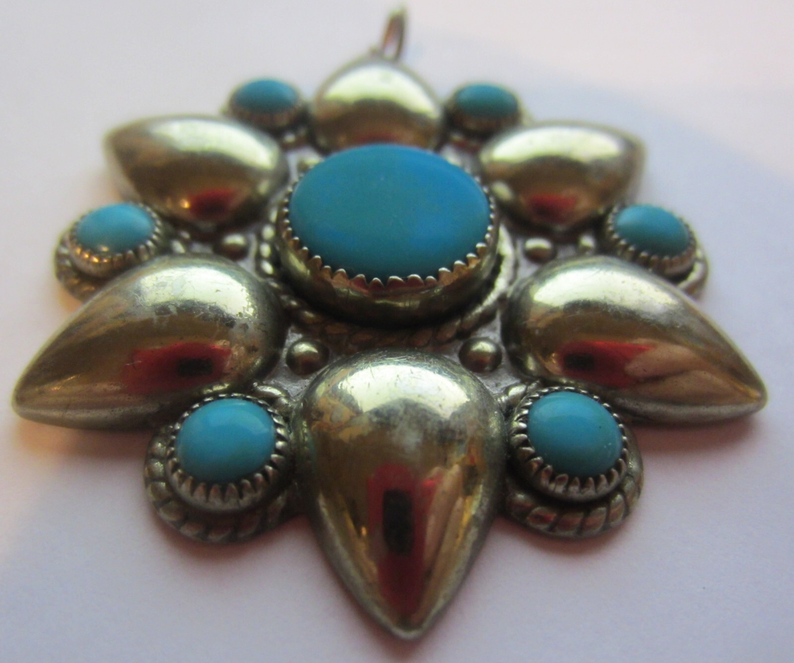 Vintage Nickle Silver Faux Turquoise star burst pendent Bell Trading Post