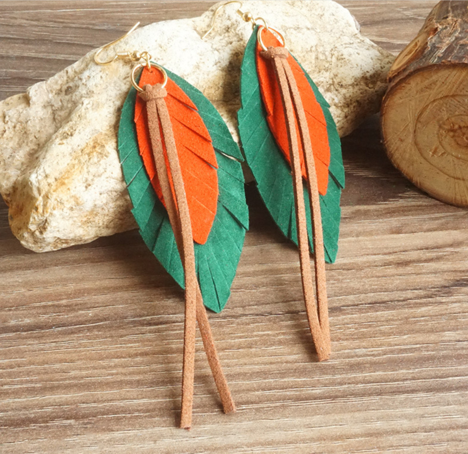 Bohemian BOHO Drop Earrings Genuine Sheepskin Leather Suede Leaf Cowgirl Jewelry
