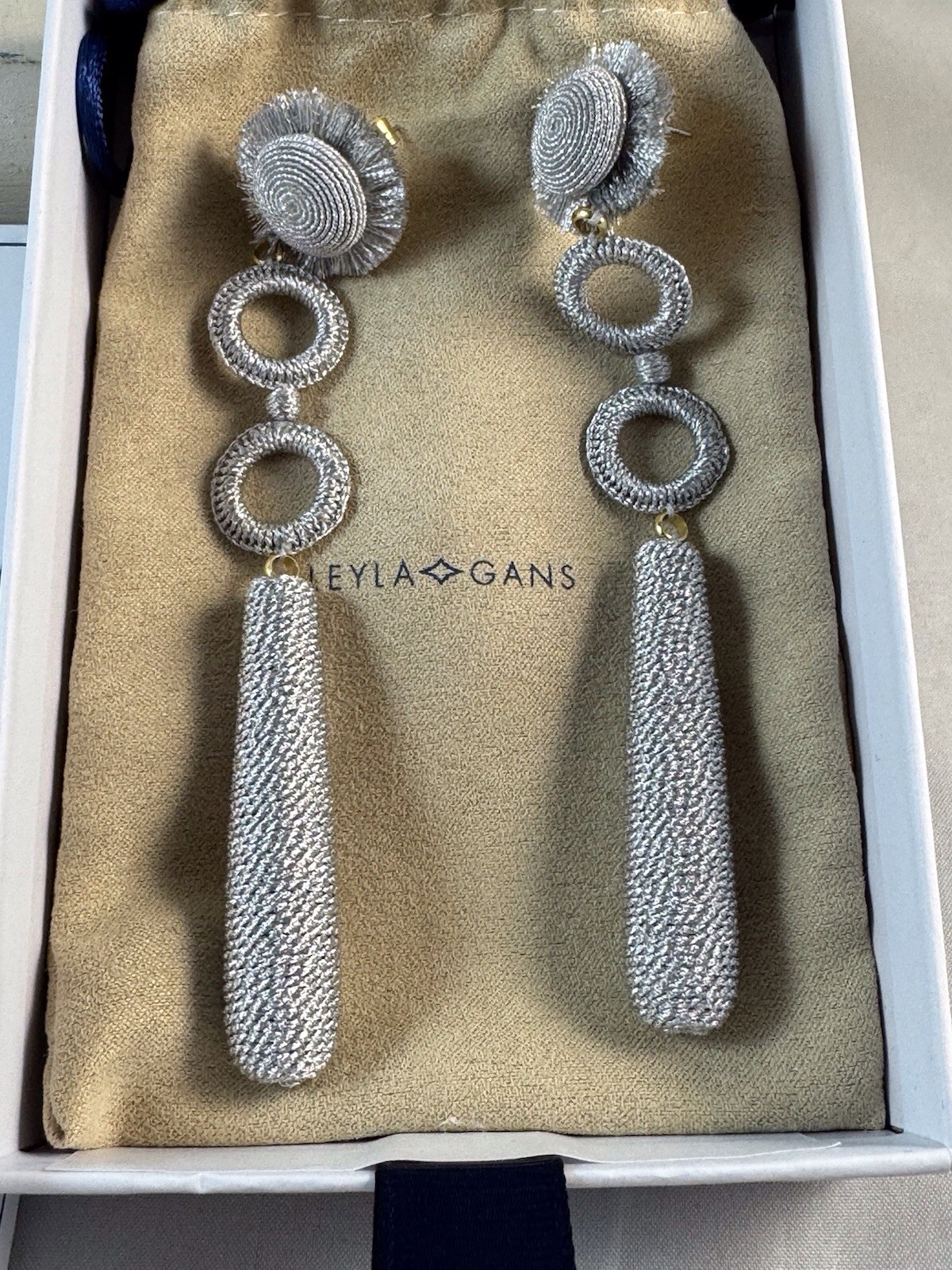 LEYLA GANS Amelie Wrapped Cord Drop Earrings ~ Metallic Silvertone cord~ Pierced