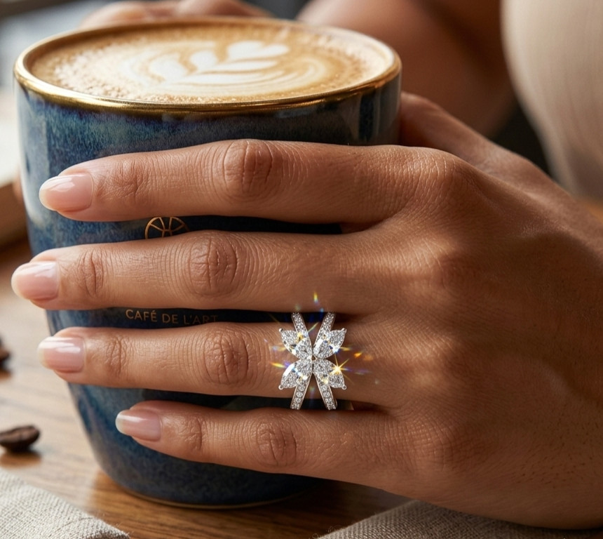 1.45 Ct Marquise , Pear & Round Cut Moissanite Stone Engagement Ring in Silver