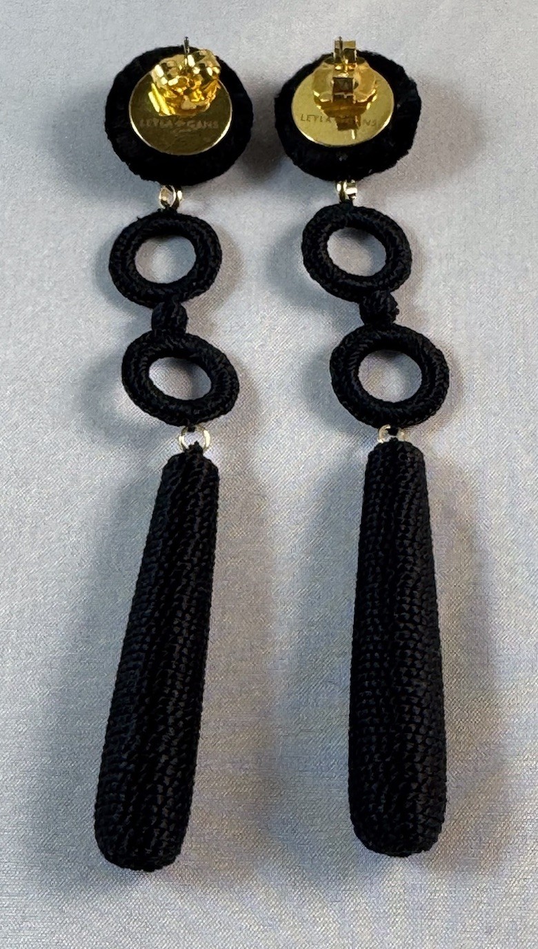 LEYLA GANS Gold Tone Amelie Wrapped Cord Drop Earrings ~ Black silk cord~Pierced