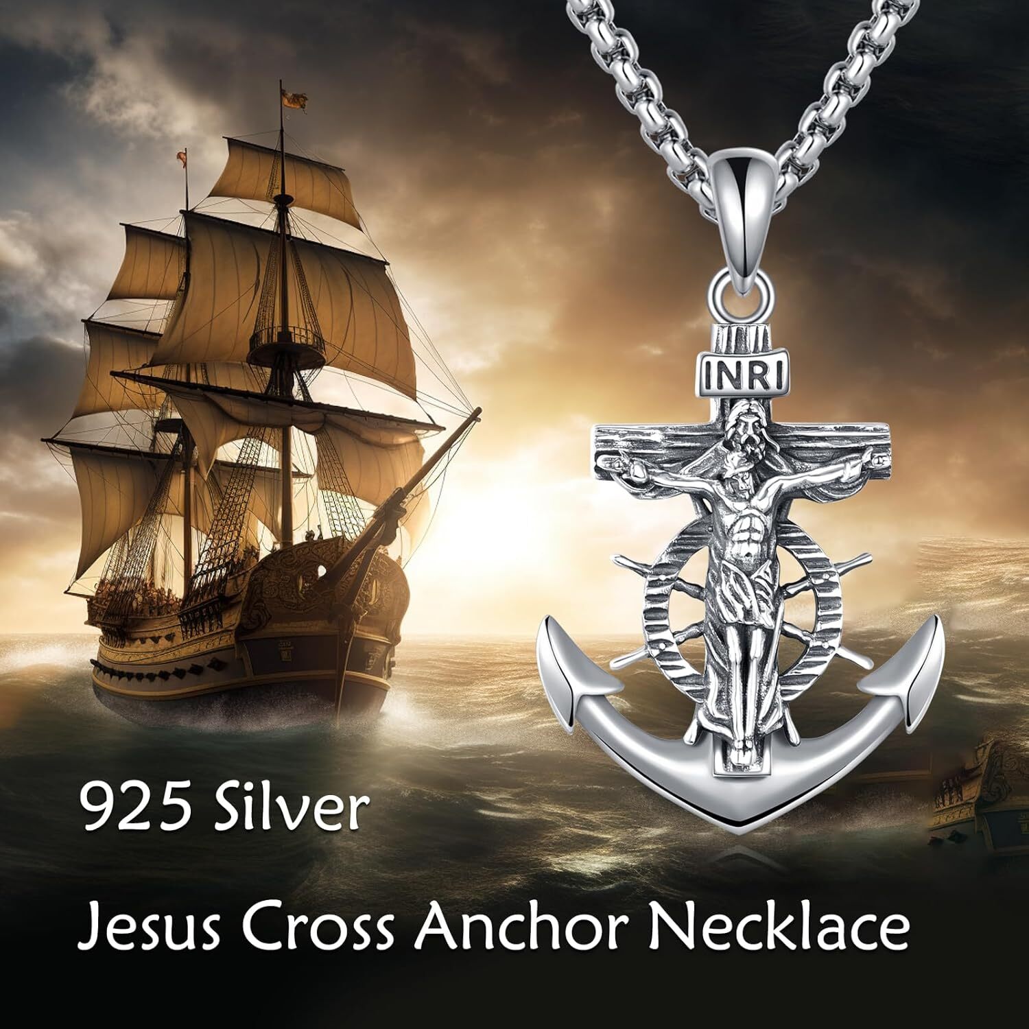 Jesus Anchor Cross Necklace Sterling Silver Vintage Christian Gift for Women Men