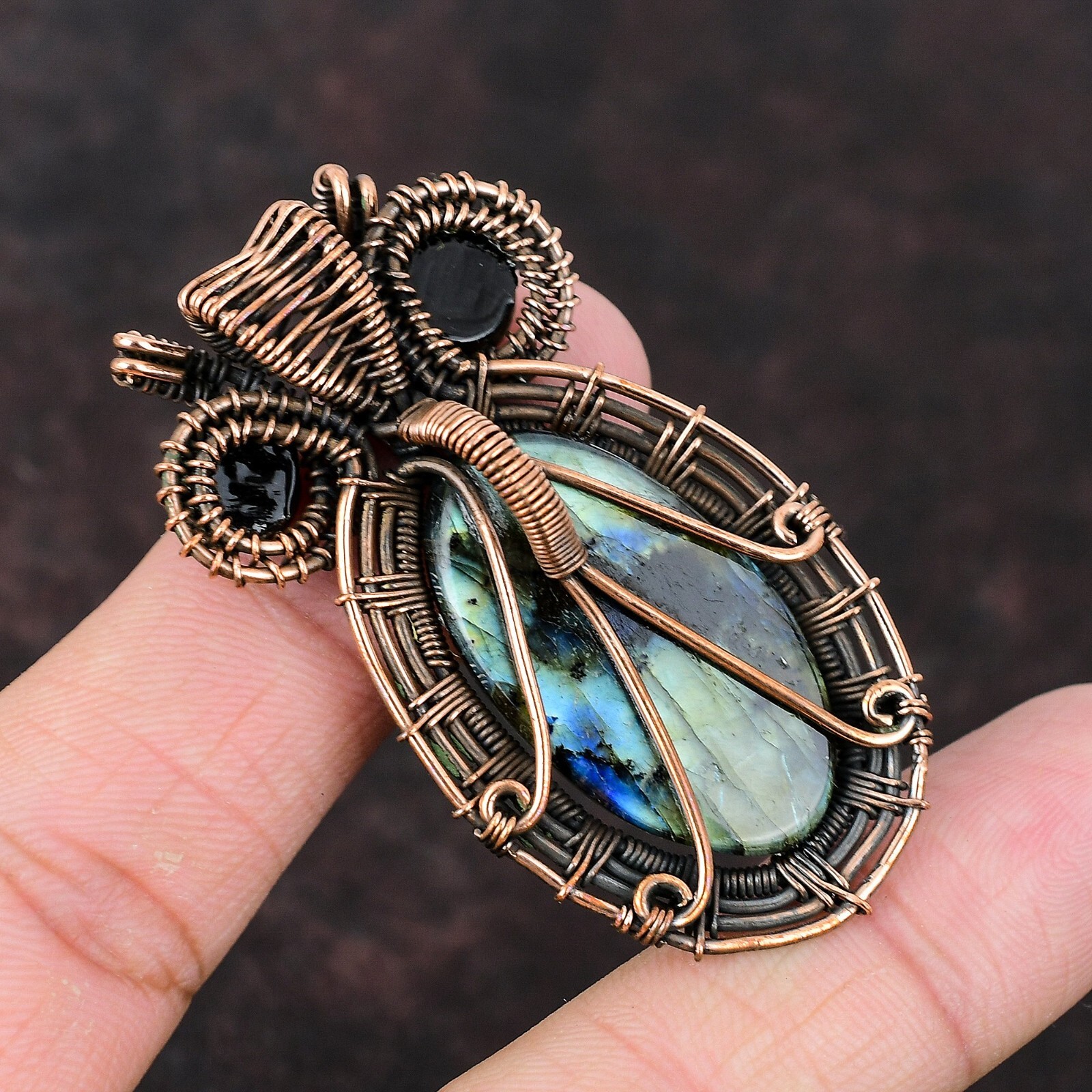 Labradorite Wire Wrapped Owl Pendant Handcrafted Copper Valentine Gift 2.24″