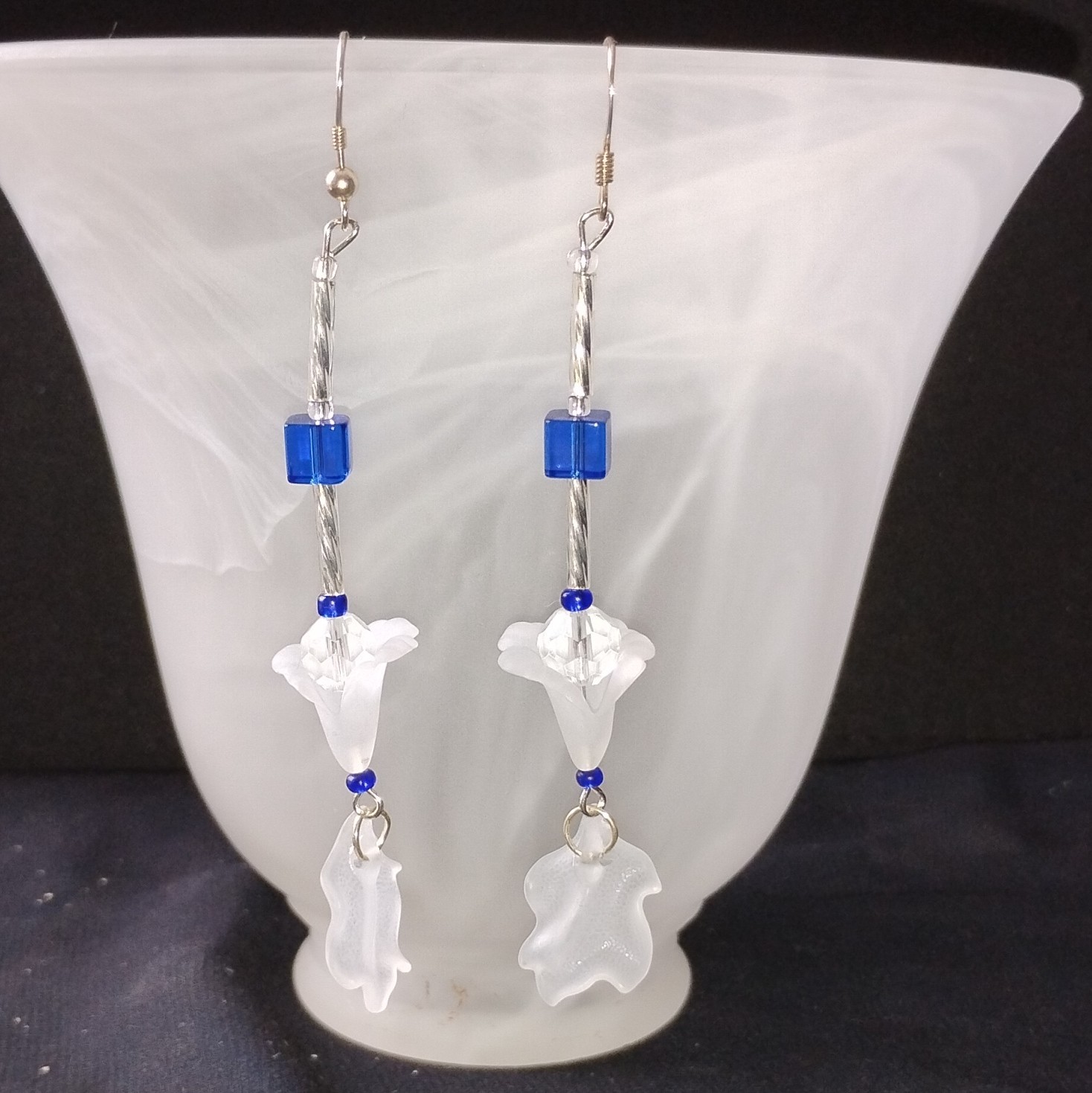 Handcrafted Glass Beaded Dangle Earrings Blue White Silver Hook Flower Nature