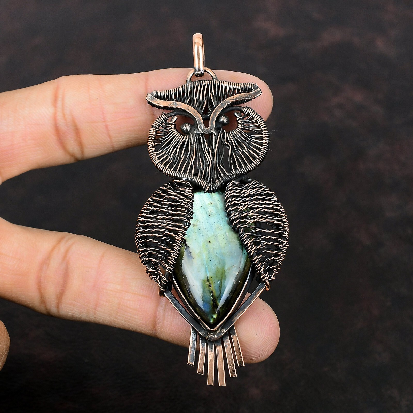 Labradorite Gemstone Jewelry Copper Mother Gift Wire Wrapped Owl Pendant 3.62″
