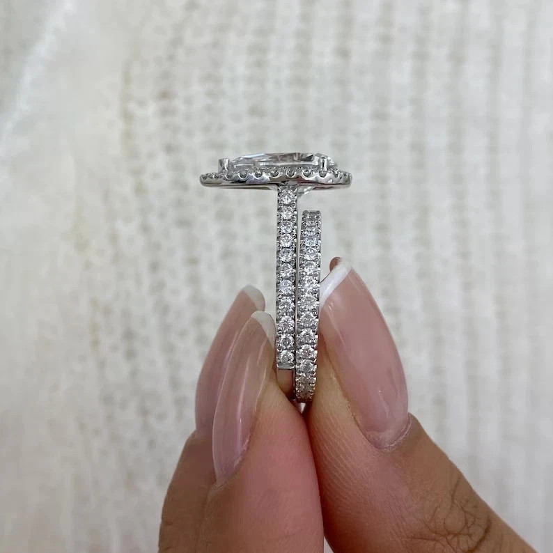 Pear Cut Women 14k White Gold 4.2 Carat Diamond Ring Set Lab Grown IGI VVS E F