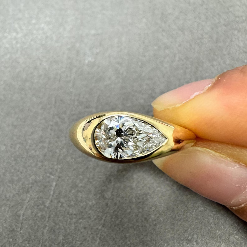 IGI 1.50Ct Pear-Cut EF/VS1 Lab Grown Diamond Bezel Wedding Ring 14K Yellow Gold