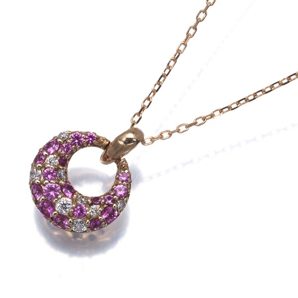 Pink Sapphire 0.18ct Diamond 0.05ct Circle Paved Necklace 18K 750 Rose Gold