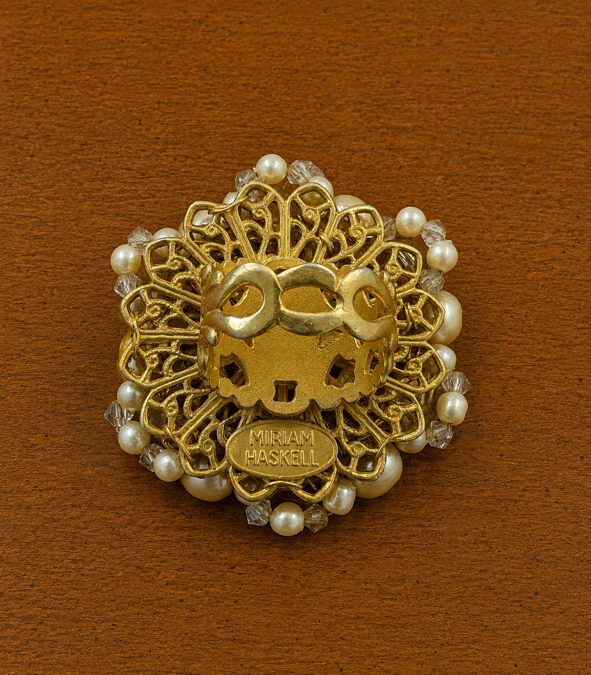 Signed Vintage Miriam Haskell Faux Pearl & Crystal Statement Ring Cocktail Ring