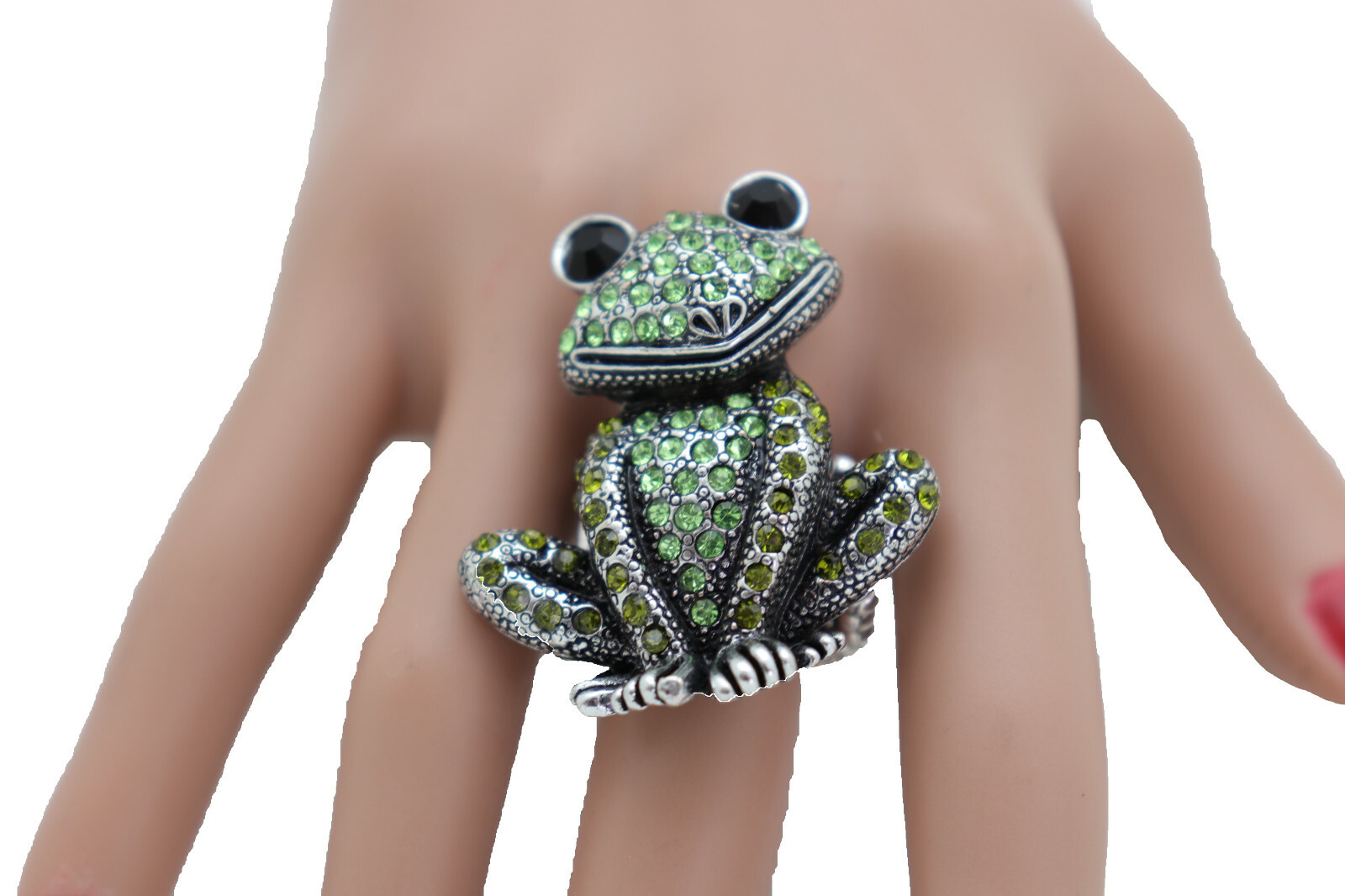 Women Silver Metal Ring Fashion Jewelry Elastic Band Green Frog Animal Luxurious