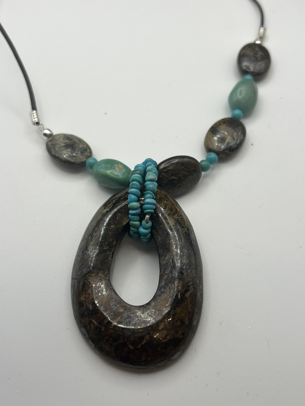 Sterling 925 FAS SOUTHWESTERN BRONZITE & TURQUOISE STONE Cord NECKLACE 16-19”