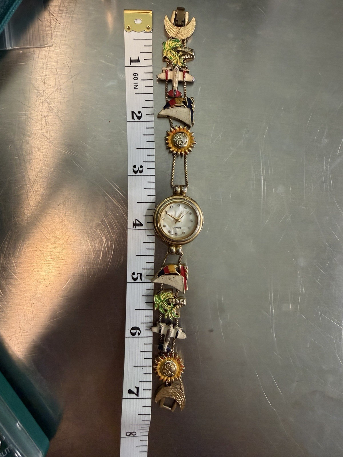 Gold-Toned Quartz Watch Slide Bracelet w/Travel Themed Painted Charms