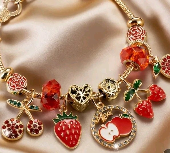 Gorgeous Goldtone &Red Charm Bracelet Cherry, Apples Strawberries Rinestones