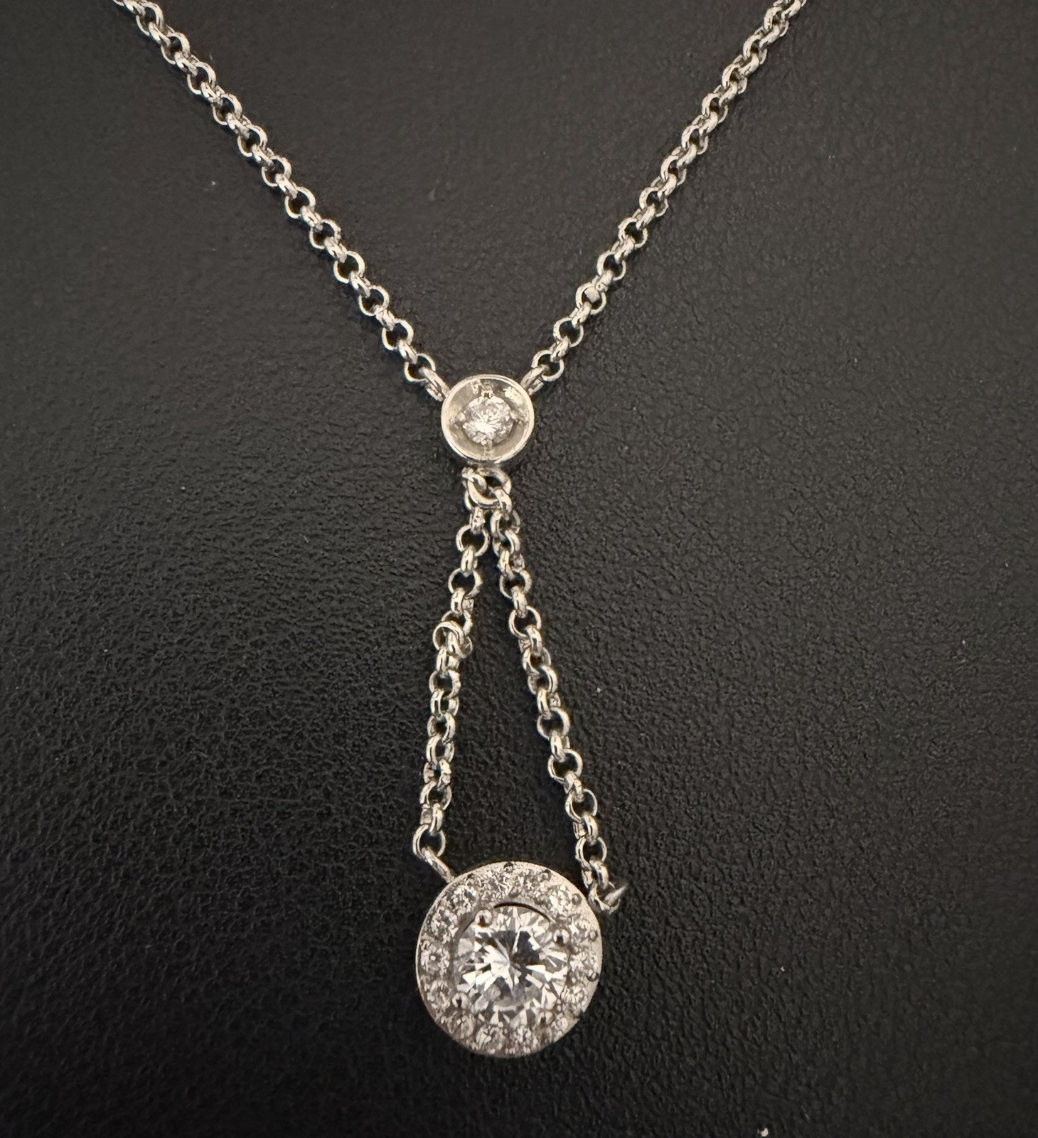 Rhodium Plated Lariat Drop Necklace, CZ Solitaire & Pavé Halo Charm